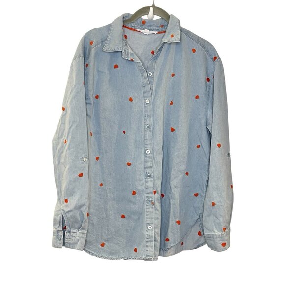 Jane And Delancey M Shirt Top Heart Love Chambray Blue Lyocell Embroidered Red - Picture 1 of 6